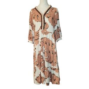 Rose & Beverly Terracotta Tropical Leaf Tiered Midi Dress V Neck Size S